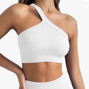 White amazon one shoulder sports bra/ workout tank top